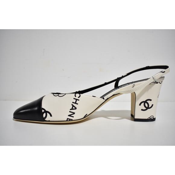Chanel 23P Mademoiselle Coco Sling White Black CC Logo Slingback Sandal Heel 37 - Picture 9 of 12